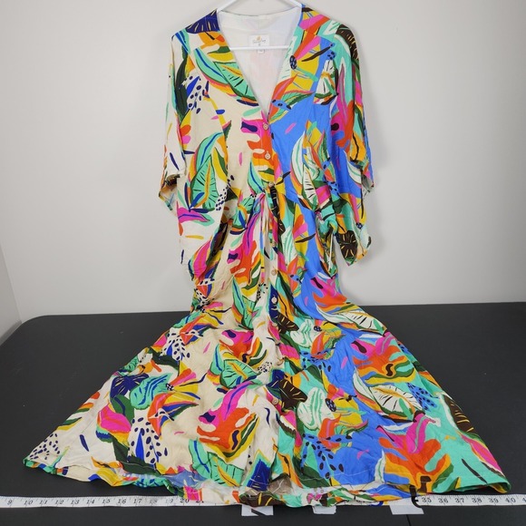 Palms Away Tropical Maxi Dress Oversize Dolman Sleeves Sz S CRUISE VACATION Beac - Picture 4 of 16